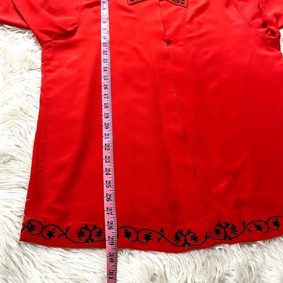 Vintage 100% Silk Red w/ Black Embroidering 2 Button Cardigan Open Blouse - Picture 15 of 16